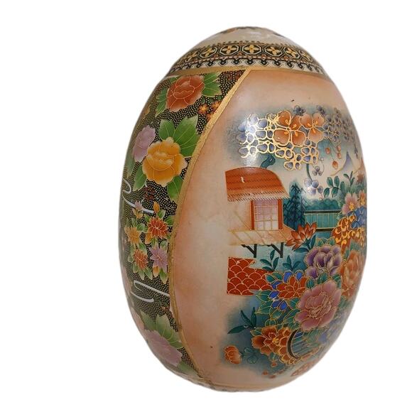 Vntg Huge Japanese Satsuma Egg Asian Decor Orient Hand Painted Cloisonne Floral - Picture 2 of 16